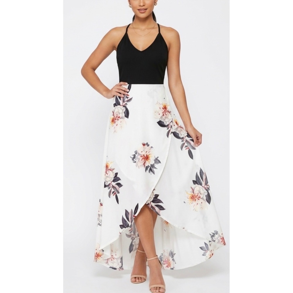 Floral Wrap Front High Low Maxi Dress V-Neck Crisscross Strappy Boho Party Sz Lg